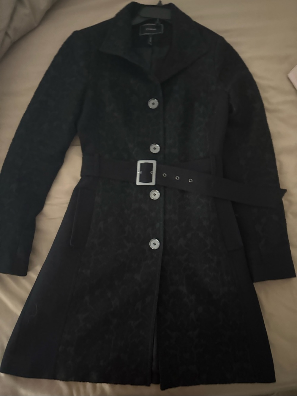 le chateau Black Textured Lined Belted Trench Coat